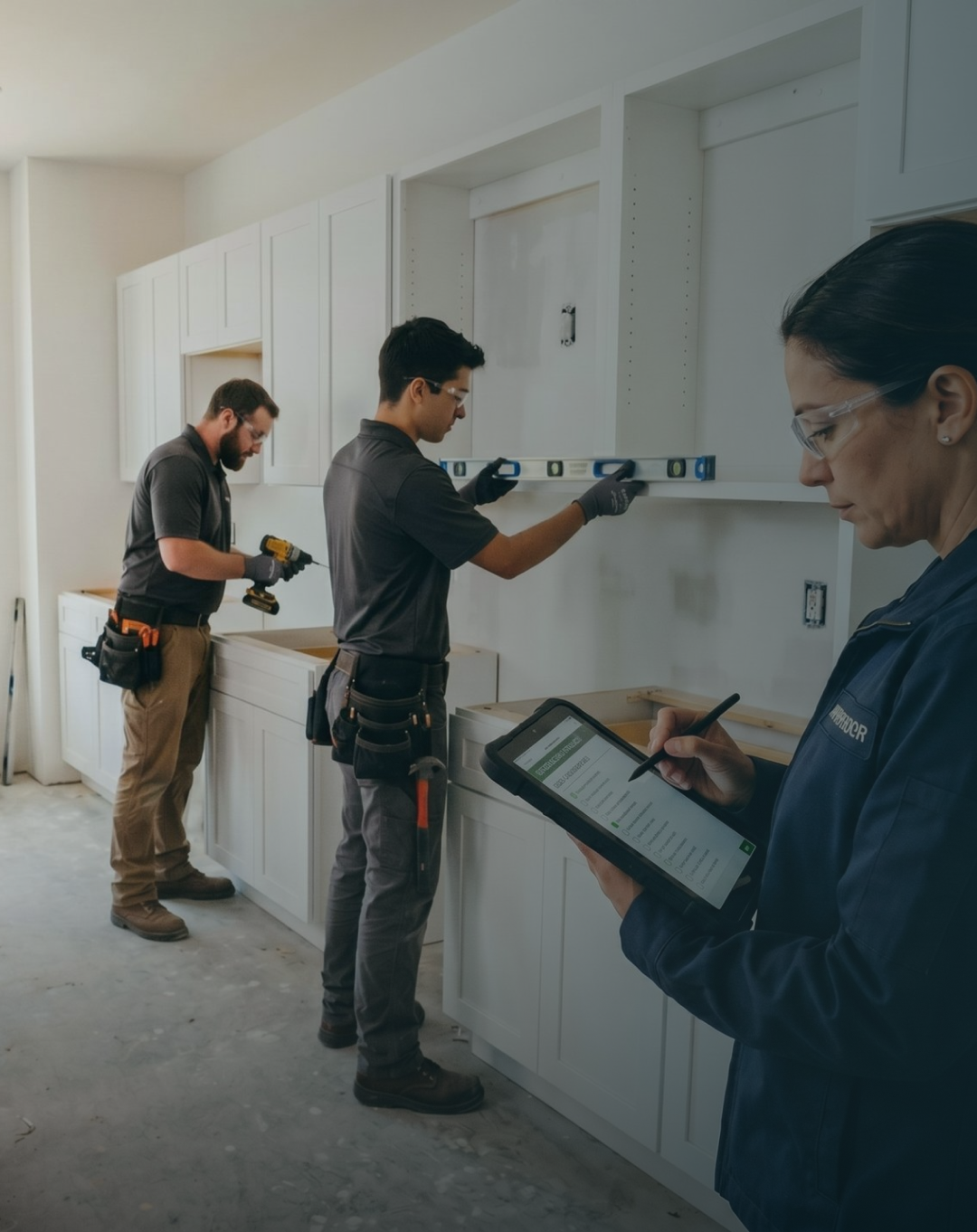 Three workers installing white kitchen cabinets; one uses a drill, one checks level, one writes on a tablet.