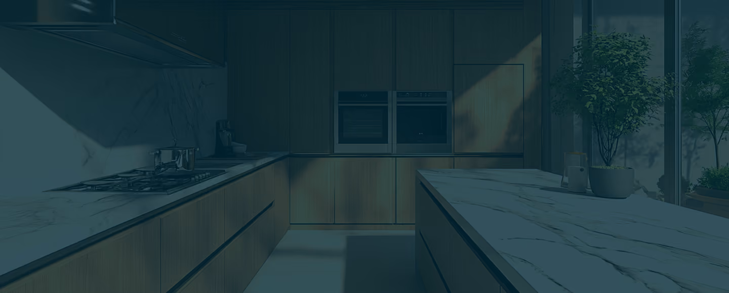 Modern kitchen with wood cabinets, marble countertops, built-in ovens, and a plant near large window.