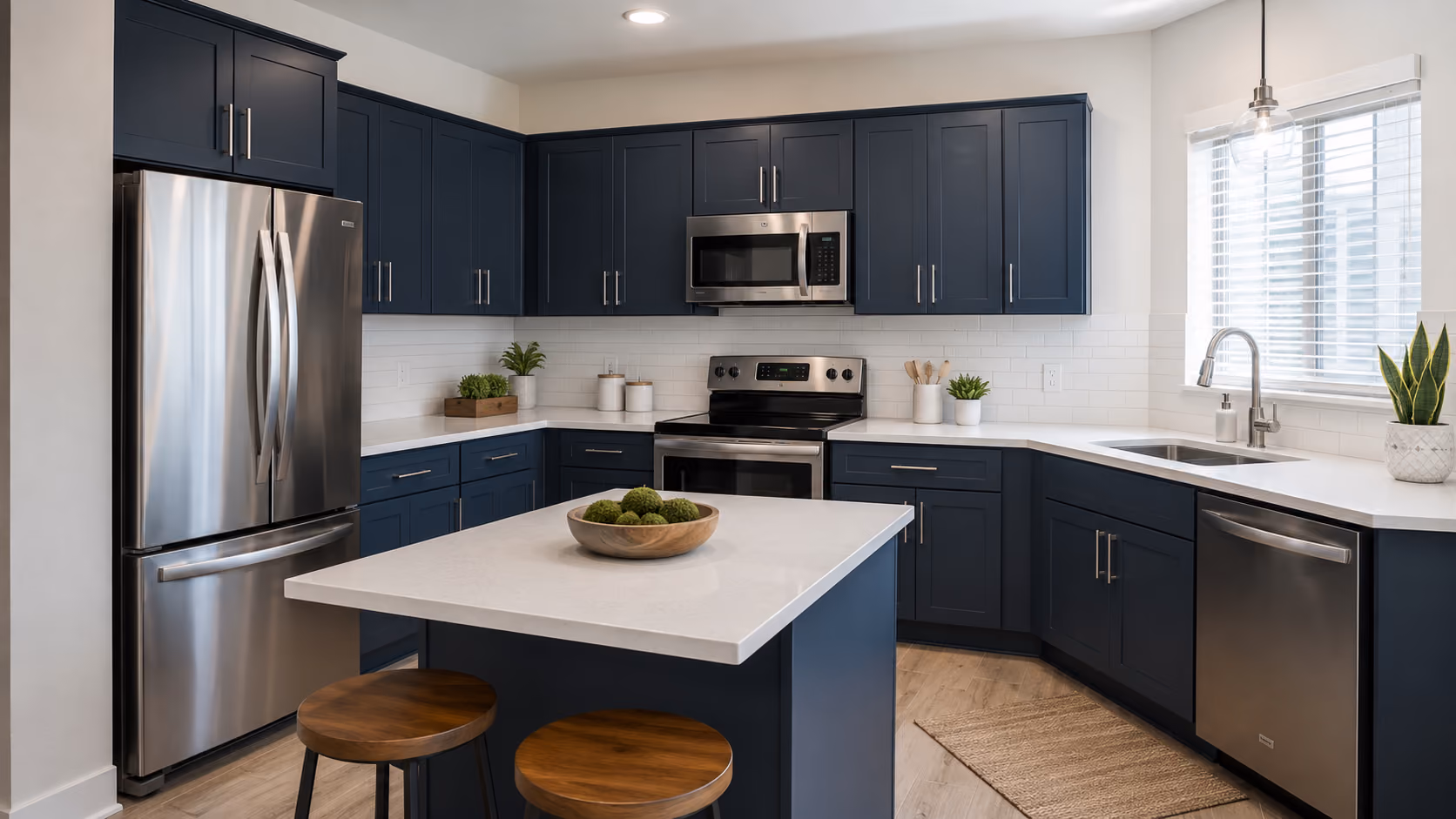 Modern kitchen with navy cabinets, stainless appliances, white countertops, island, and wooden stools.