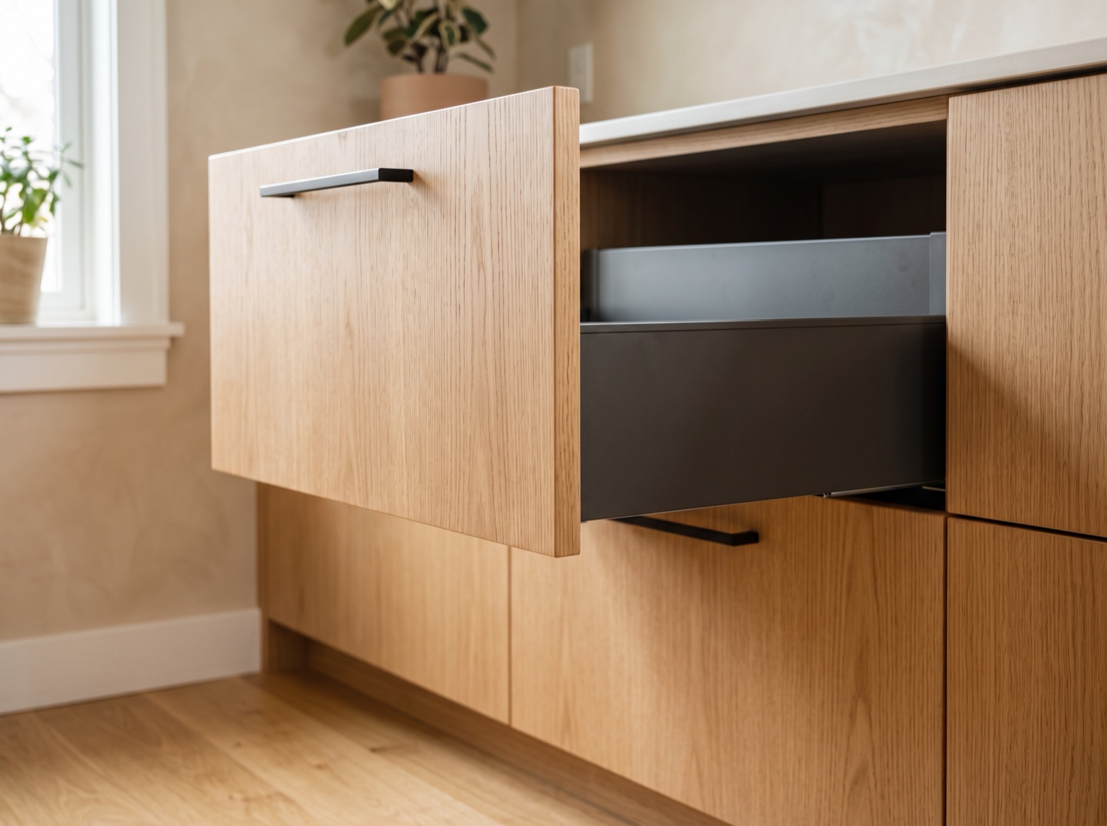 Open wooden drawer with black interior in a modern kitchen cabinet under a countertop.