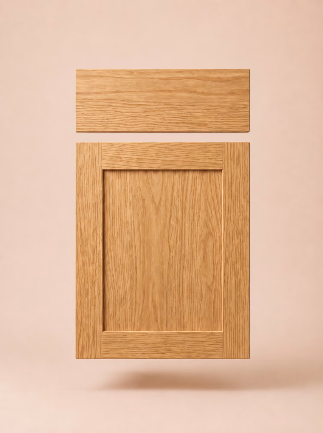 Two unfinished light oak wood cabinet doors against a beige background.