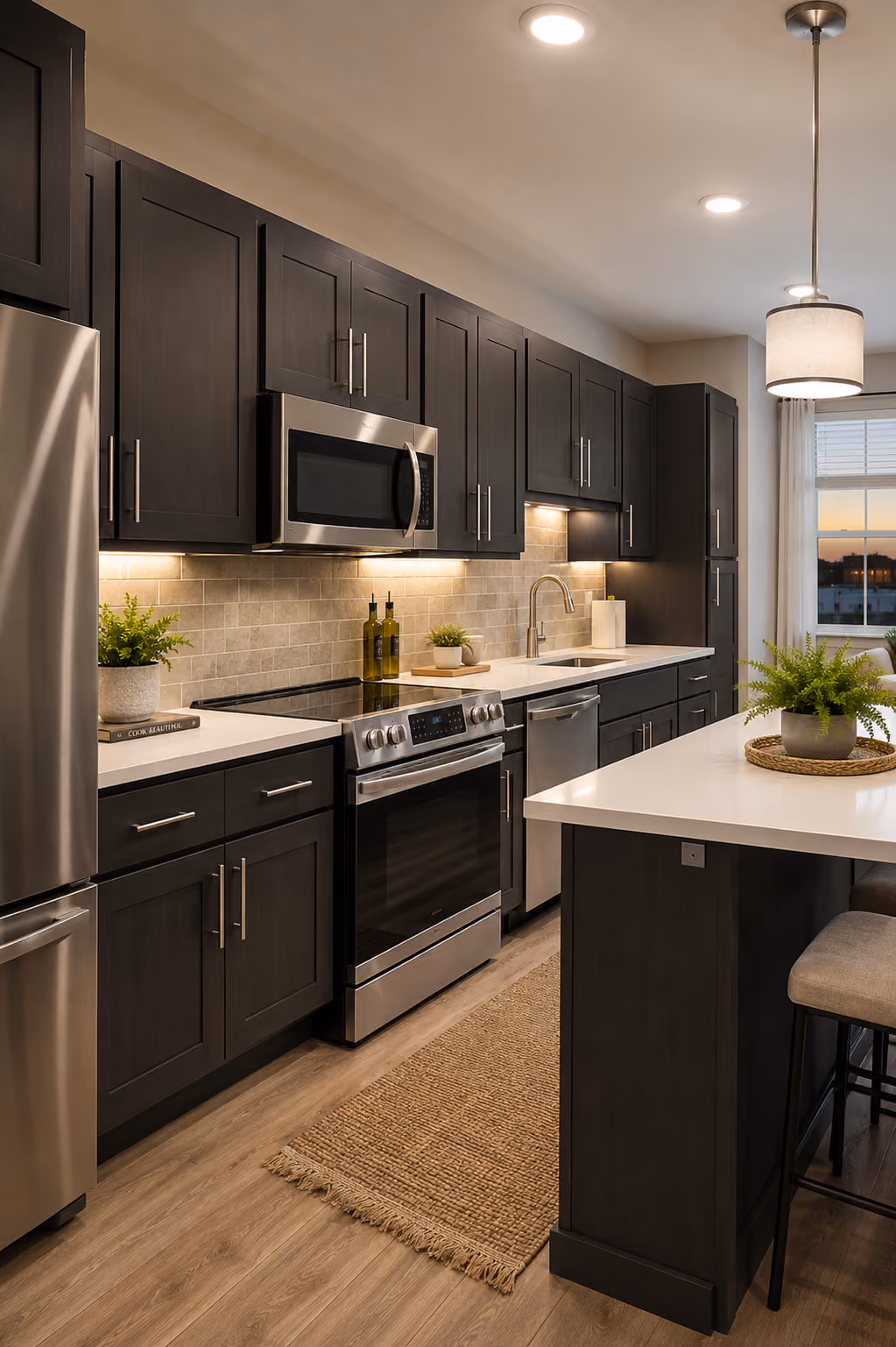 Modern kitchen with dark cabinets, stainless steel appliances, and a white island with stools and plants.