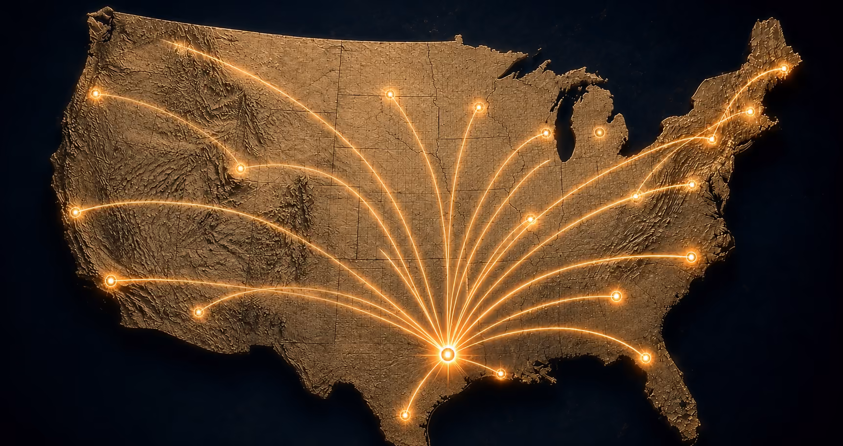 Map of the US with orange glowing dots connected by lines radiating from a central point in Texas.