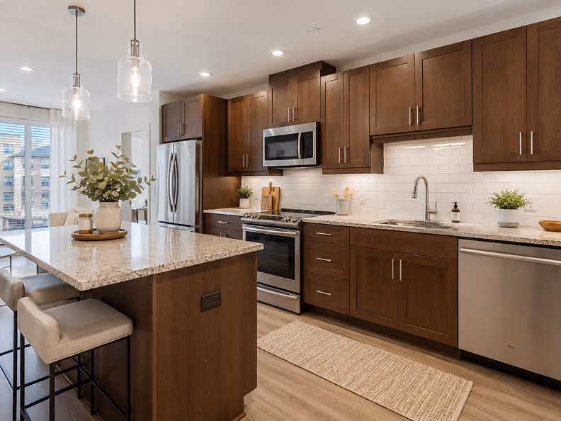 Modern kitchen with wood cabinets, granite island, stainless steel appliances, and pendant lights.