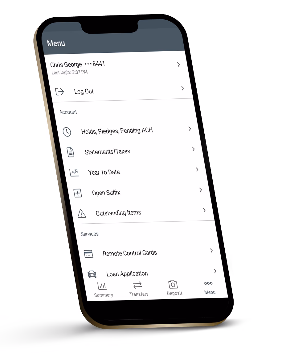 Mobile phone screen showing a banking app menu with account and service options and a logout button.