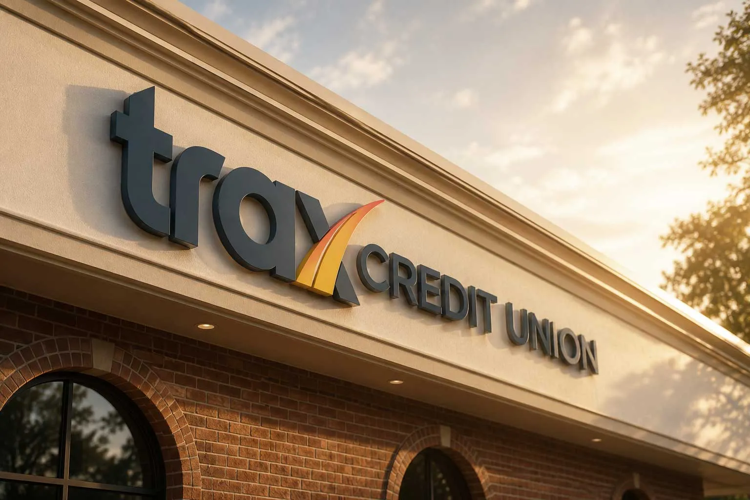 Building facade with Trax Credit Union sign in black and orange letters lit by sunset light.