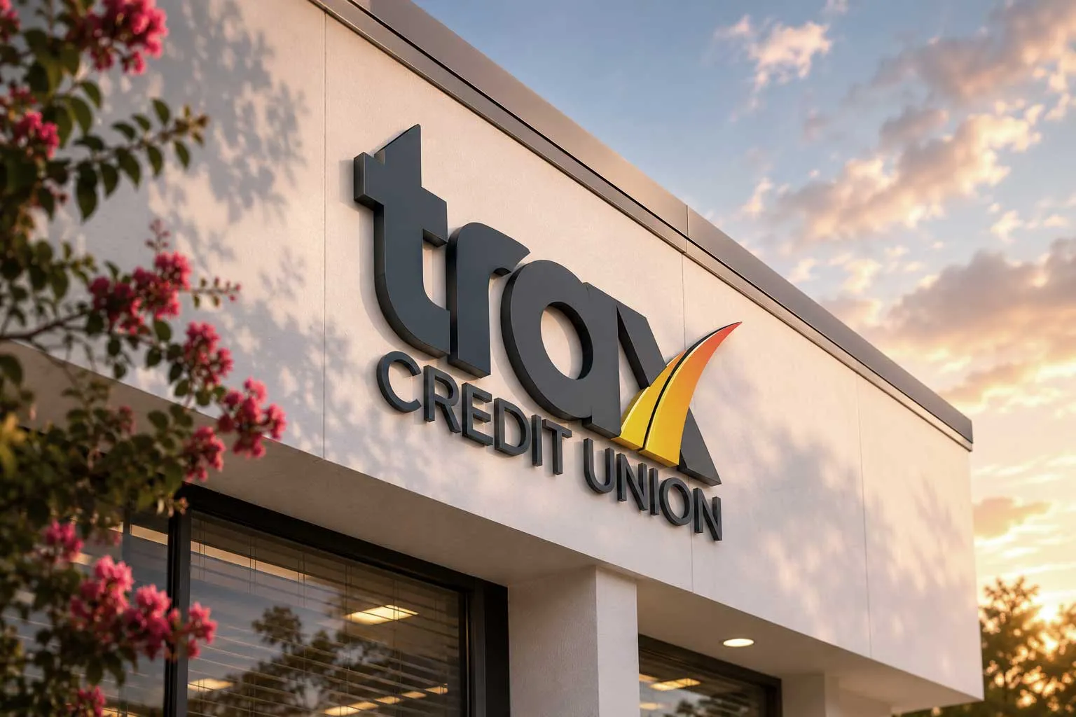 Trax Credit Union sign on building exterior at sunset with branch flowers visible.