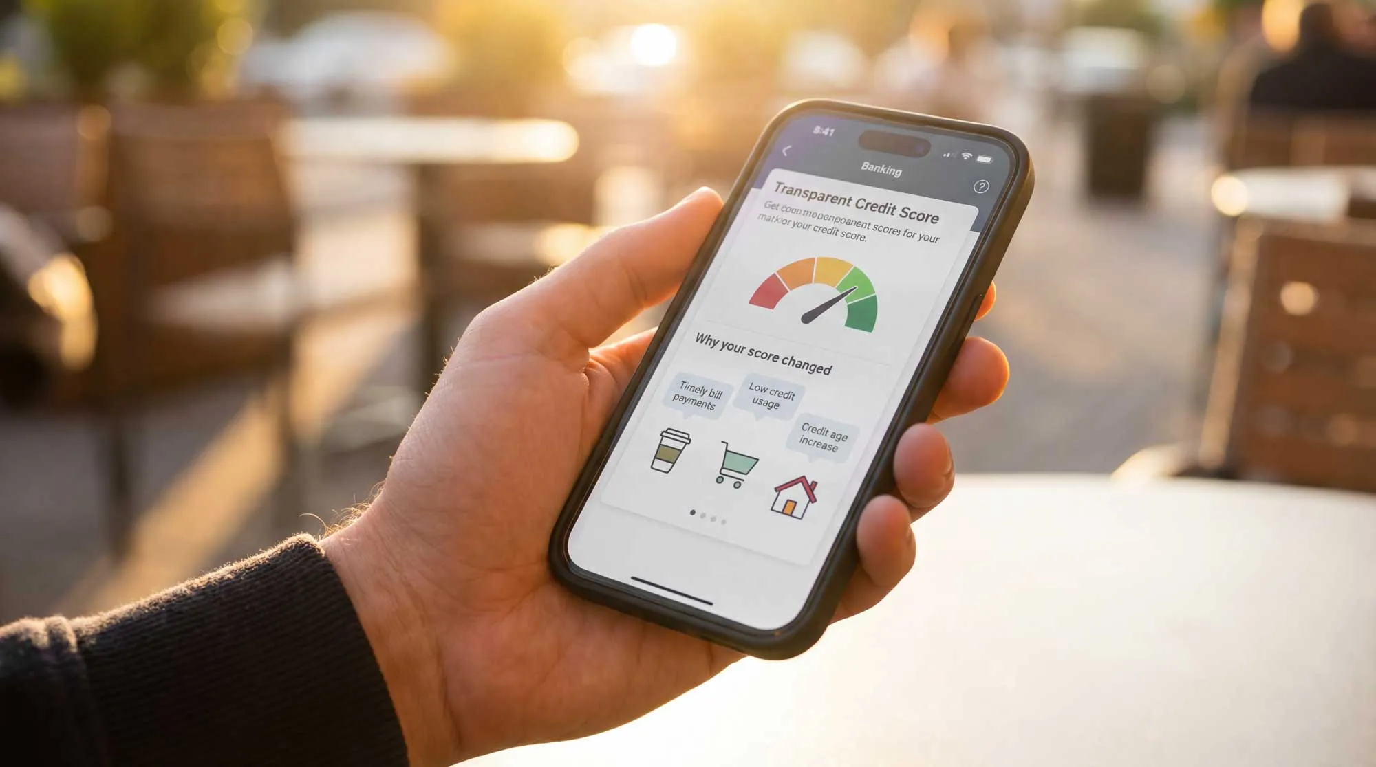 Hand holding phone showing credit score app with gauge in green and reasons for score change listed below.
