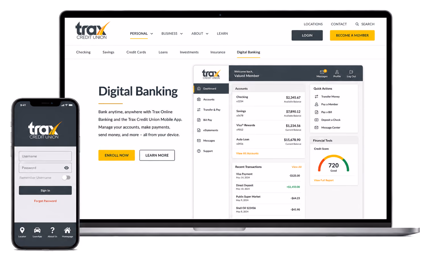 Trax Credit Union digital banking interfaces on phone and laptop showing login and account overview screens.