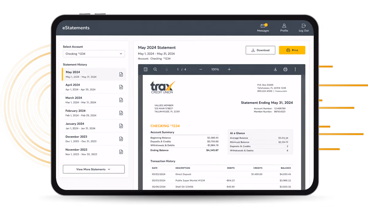 Tablet screen showing Trax Credit Union May 2024 eStatement for checking account with transactions listed.
