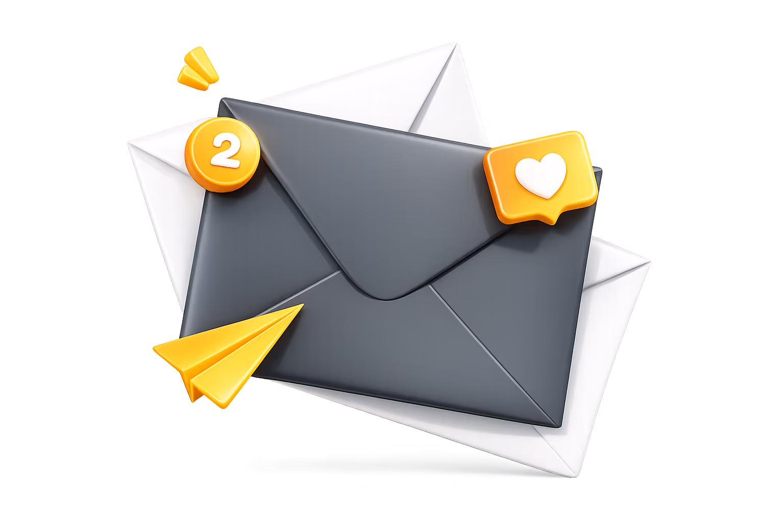 Three envelopes with a yellow paper plane and notification icons of 2 messages and a heart.