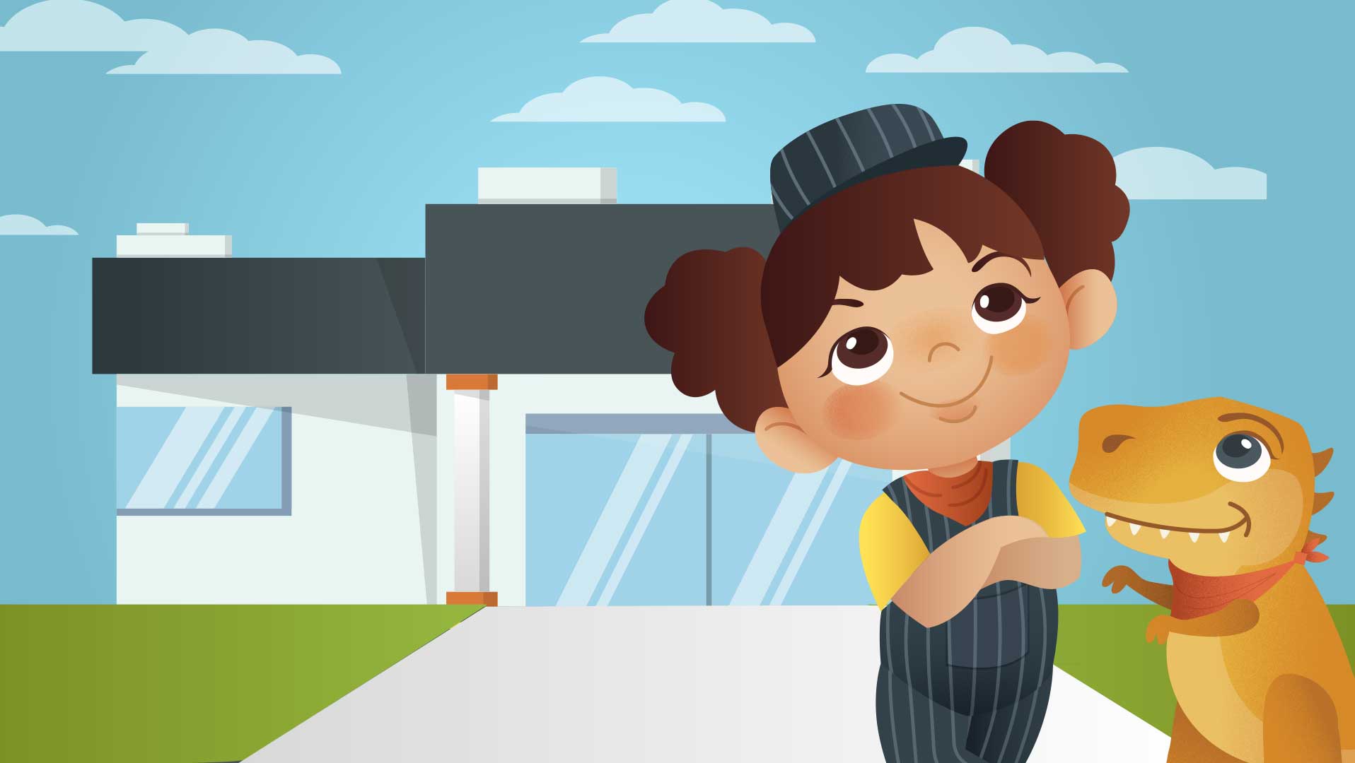 Illustration of a smiling young girl with pigtails wearing a pinstriped outfit and hat standing confidently with crossed arms next to a friendly, cartoonish orange dinosaur wearing a red scarf, in front of a modern house under a blue sky with clouds.
