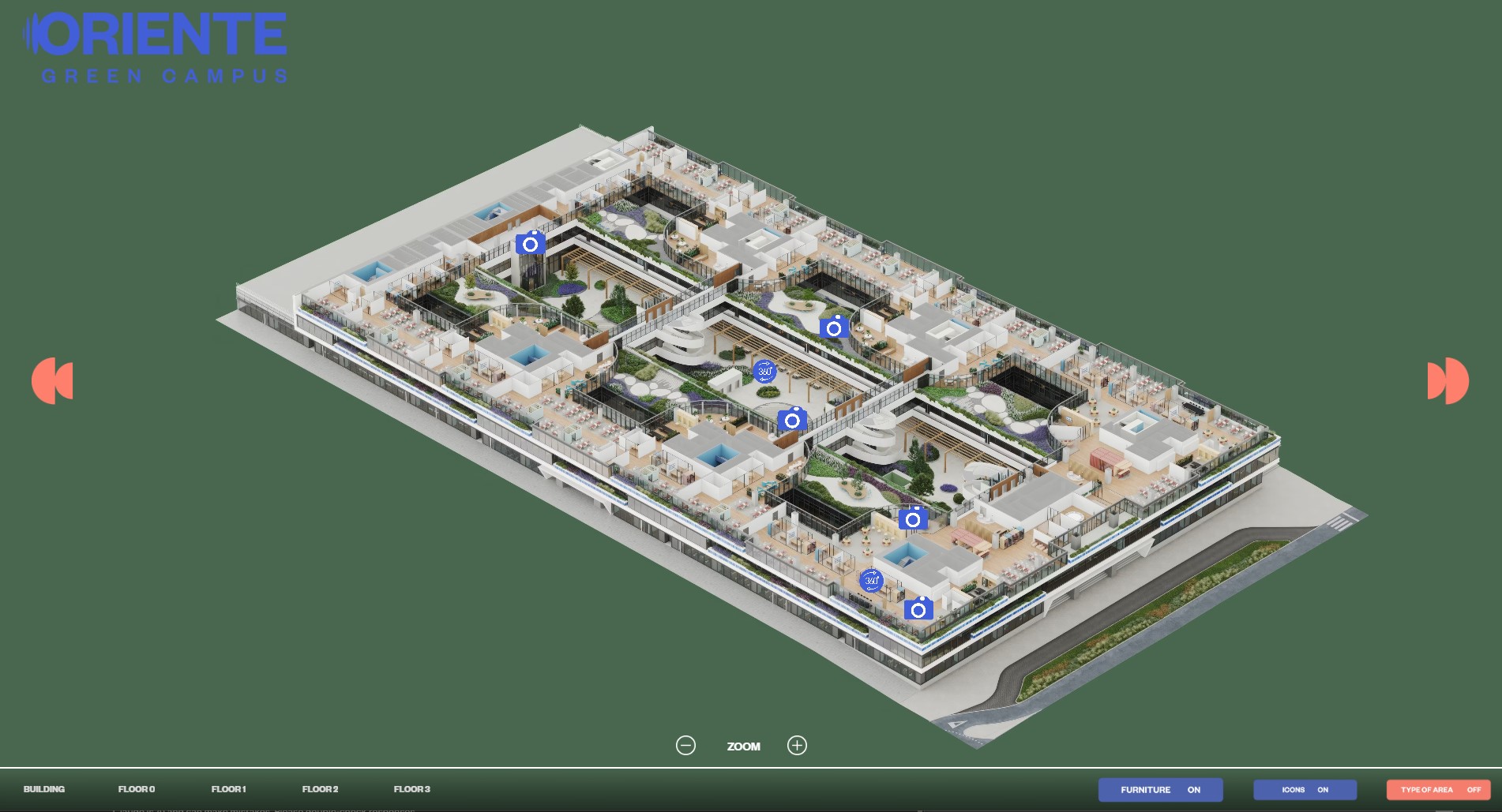 3D floor plan of Oriente Green Campus building with gardens, offices, and navigation controls.