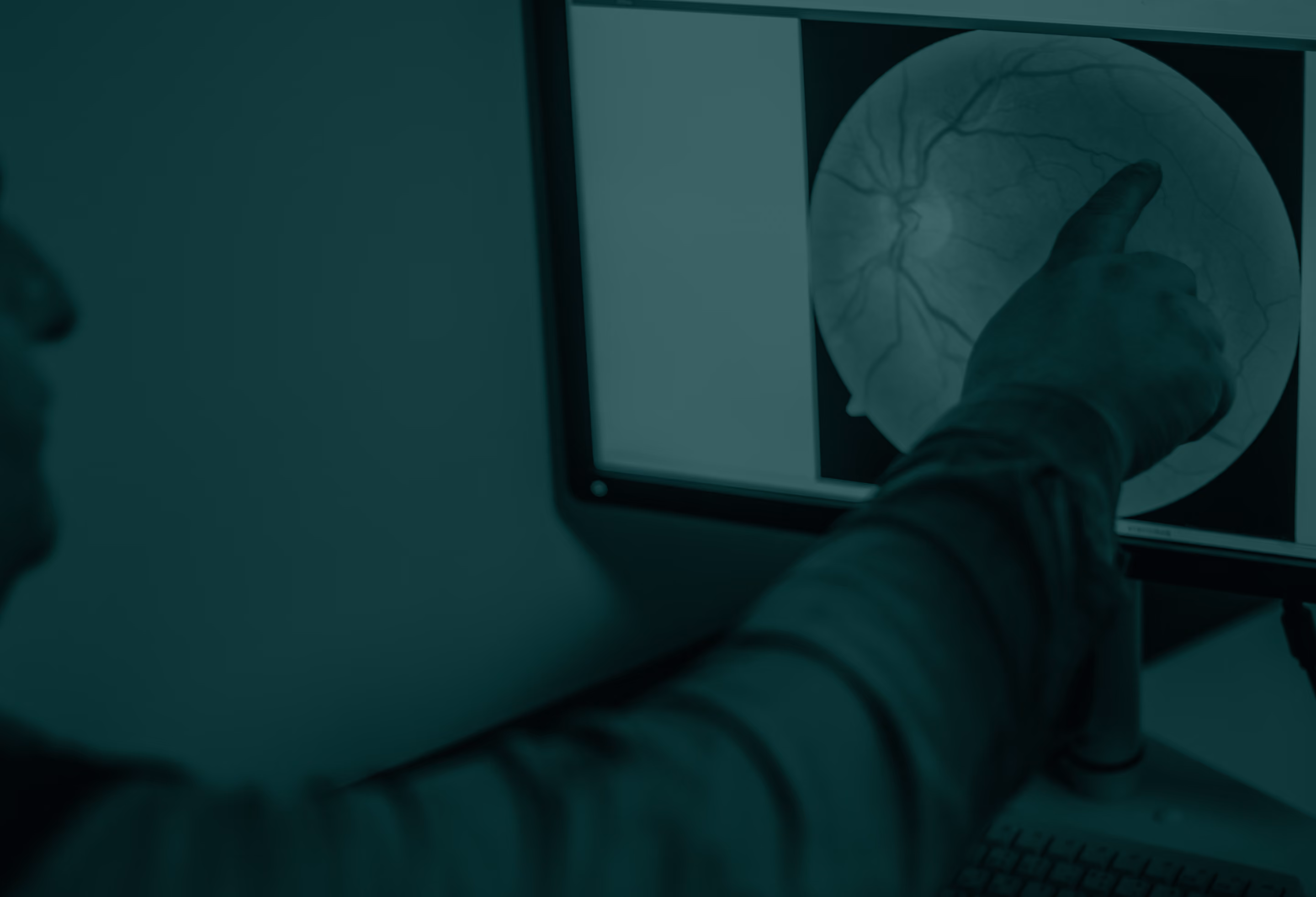 Clinician pointing at a retinal image on a screen