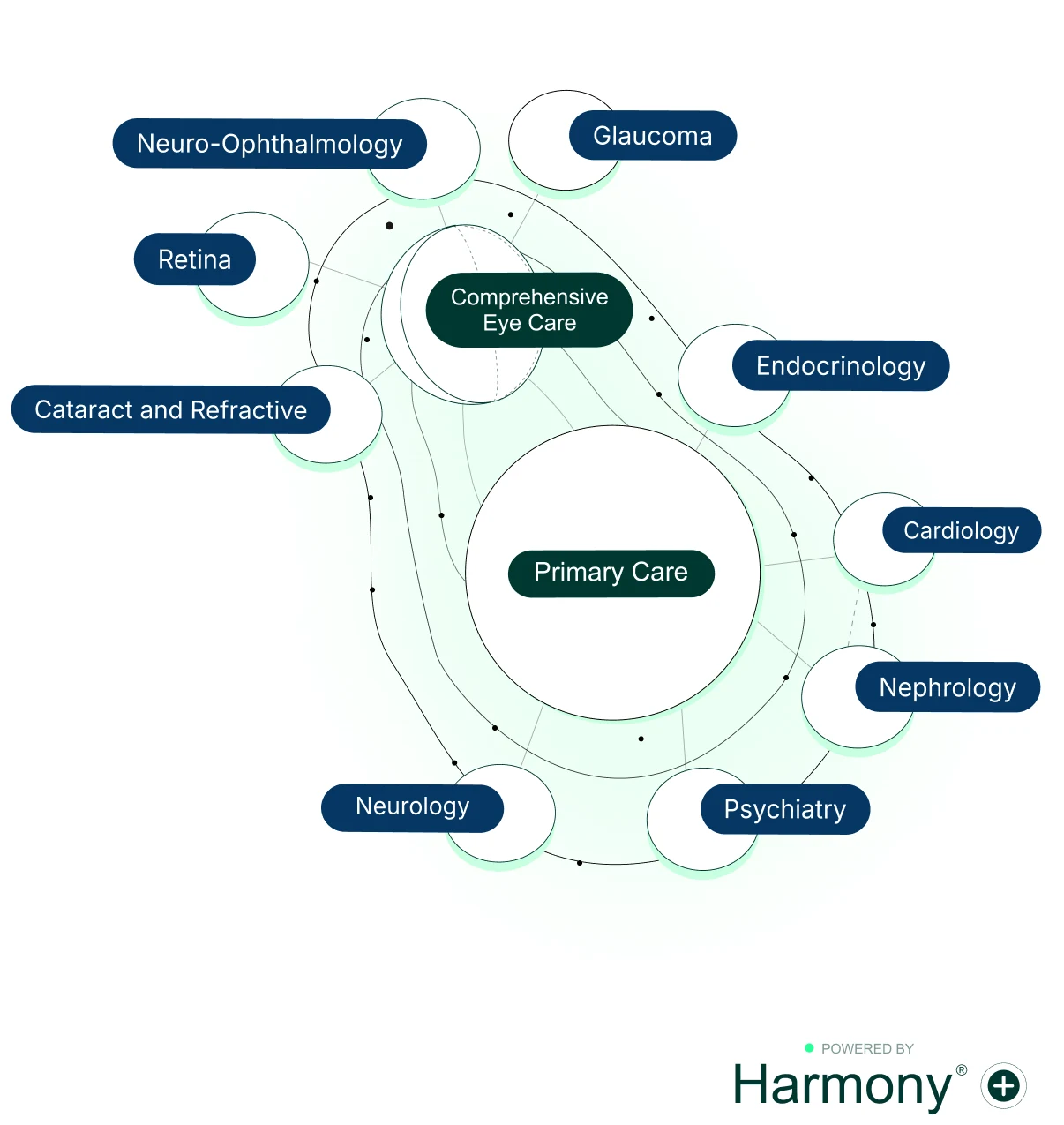 Information Flow: Harmony connects comprehensive eye care, primary care and the same specialties in one network, a single source of truth for all of the patient's doctors.