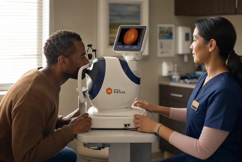 Medical assistant performing a diabetic retinal screening on a patient during a routine primary care visit
