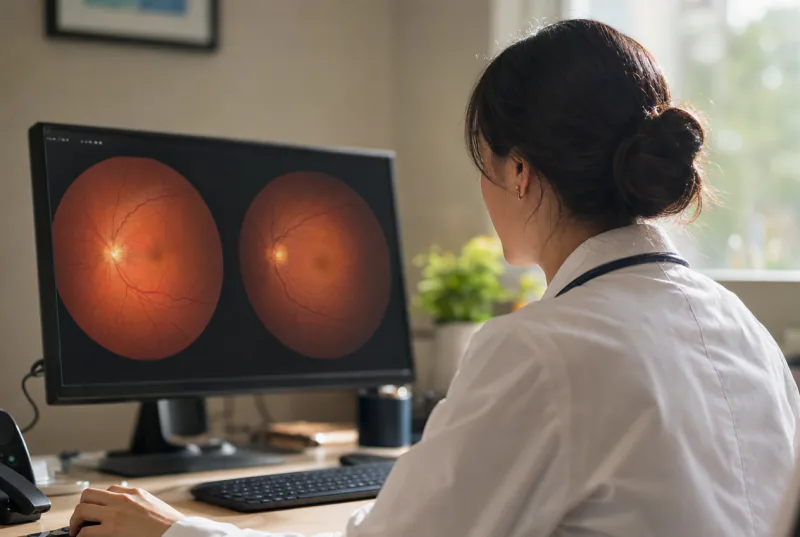 Clinician reviewing retinal screening images on a monitor at a primary care workstation