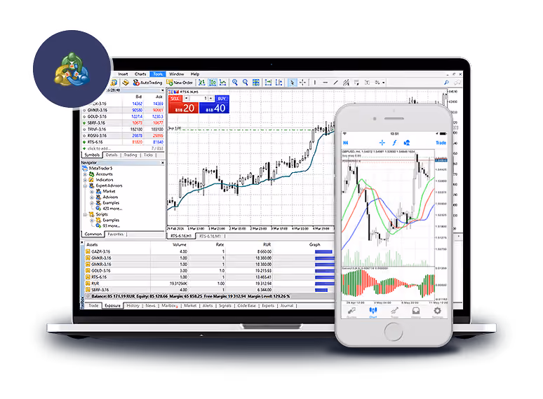 MetaTrader terminal on a laptop and a phone, showing market watch and price charts