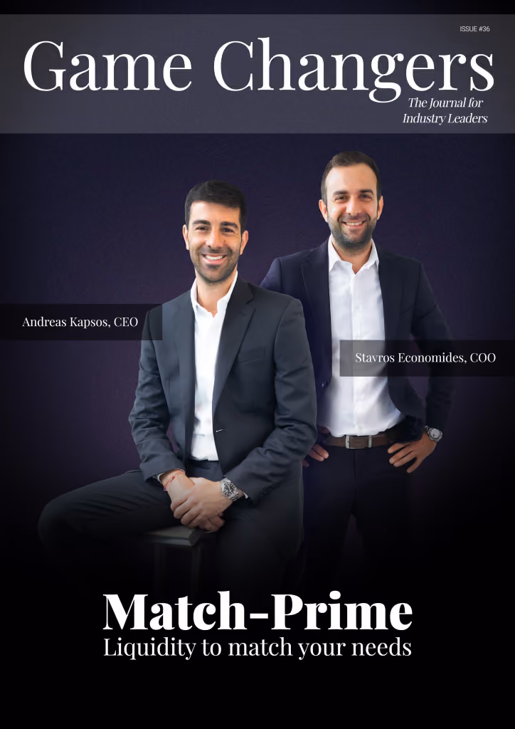 The cover of the Game Changers Magazine featuring Andreas Kapsos and Stavros Economides from Match-Prime