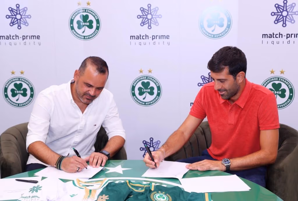 Omonoia Nicosia and Match-Prime representatives signing the sponsorship agreement
