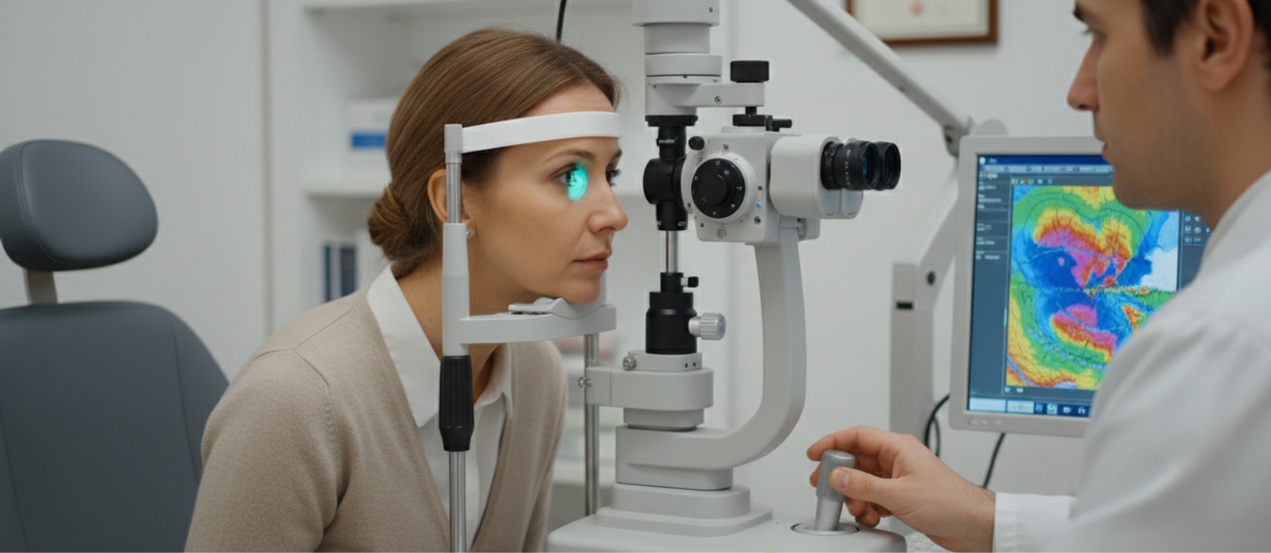 Oftalmólogo realizando un estudio de topografía corneal a una paciente