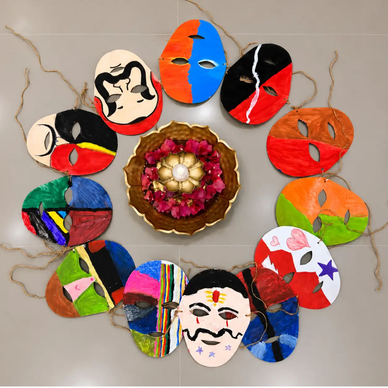 Overhead view of twelve colorful, hand-painted masks arranged in a circle on a gray tiled floor, surrounding a diya.