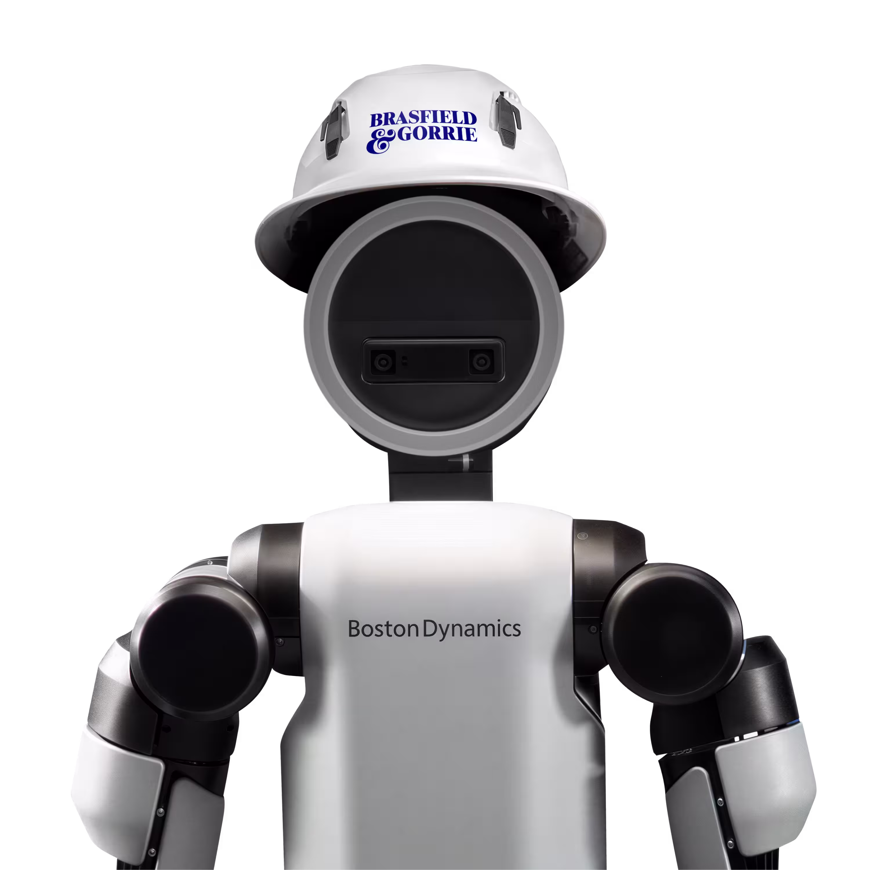 Image of a Boston Dynamic Atlas Humanoid Robot with a hardhat bearing the Brasfield Gorrie logo