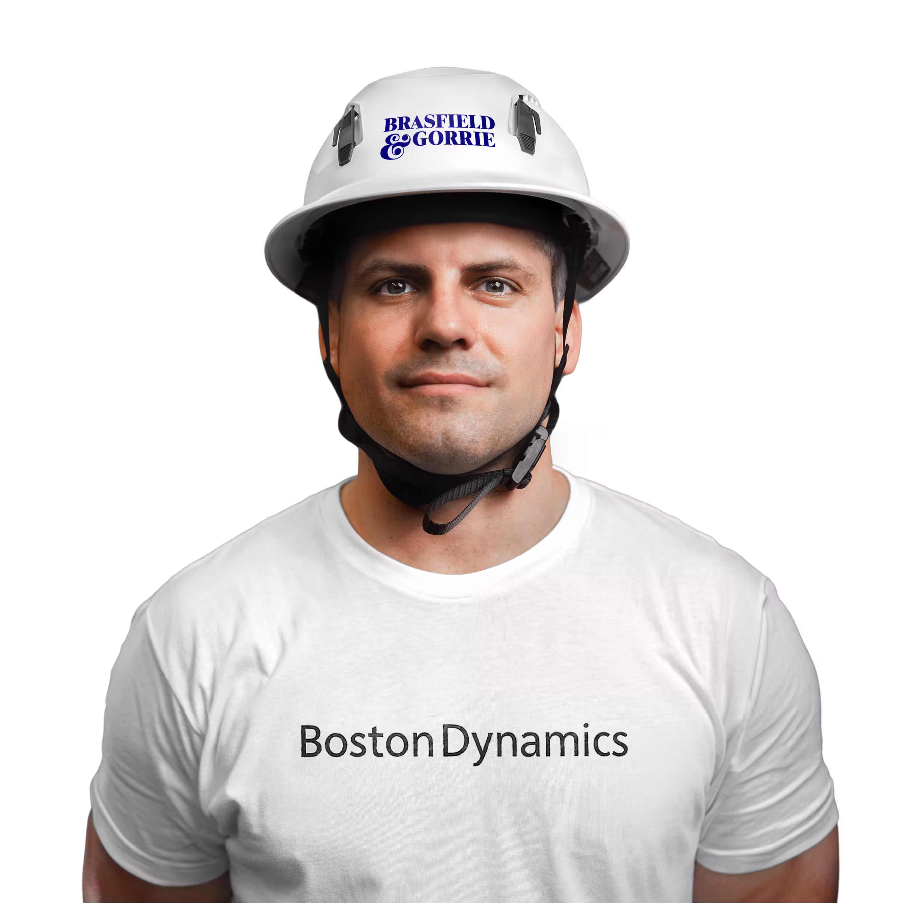 Image of a human worker in a white shirt with a Brasfield & Gorrie hardhat and a Boston Dynamic tee shirt
