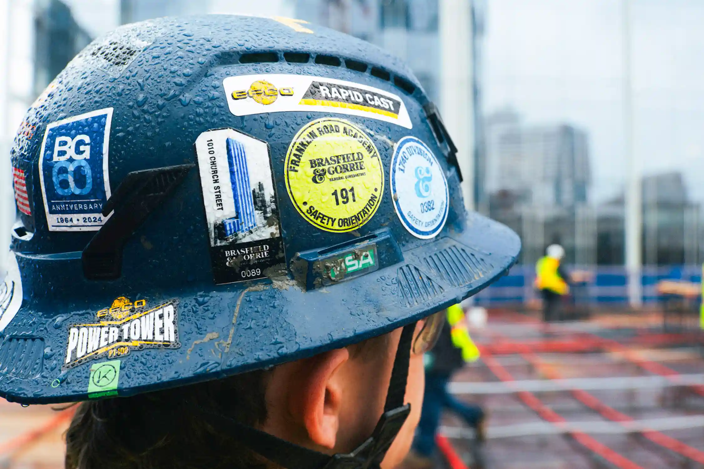 Hardhat with decals on it.