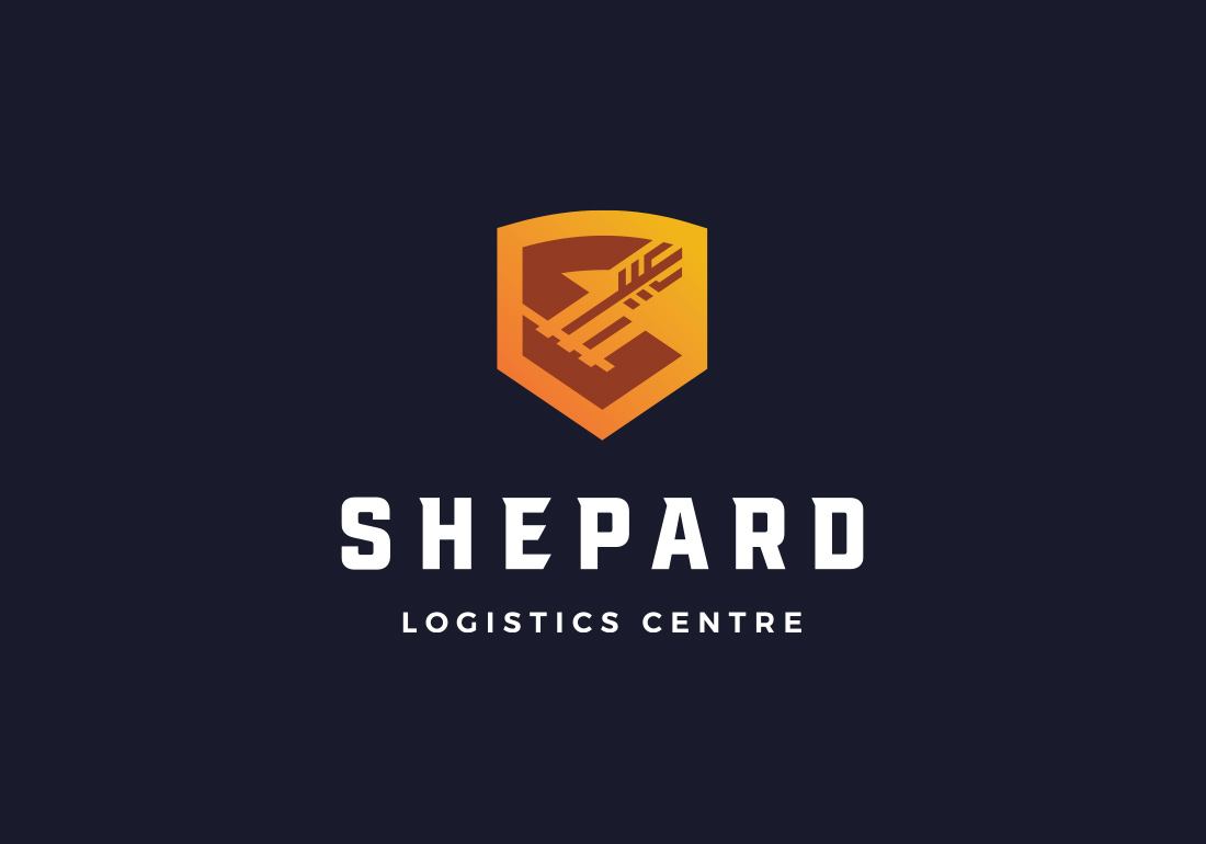 Logo for Shepard Logistics Centre featuring a stylized orange and yellow shield with an arrow design above the company name in bold white uppercase letters on a dark background.