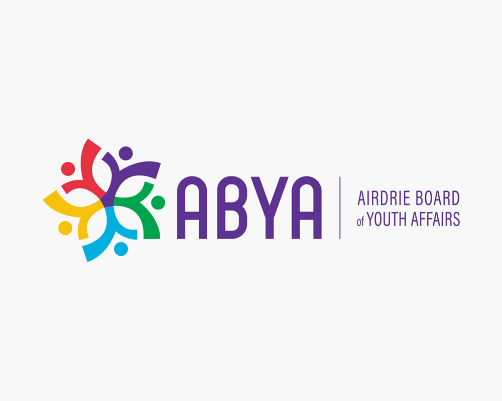 Colorful abstract logo featuring five human figures in red, purple, green, blue, and yellow arranged in a circle, next to purple text reading 'ABYA' and 'Airdrie Board of Youth Affairs'.