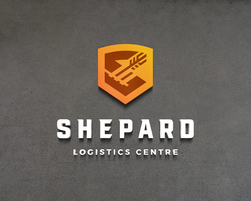 Shepard Logistics Centre logo featuring a shield with an abstract arrow design in gradient orange and brown colors, above bold white text on a gray textured background.