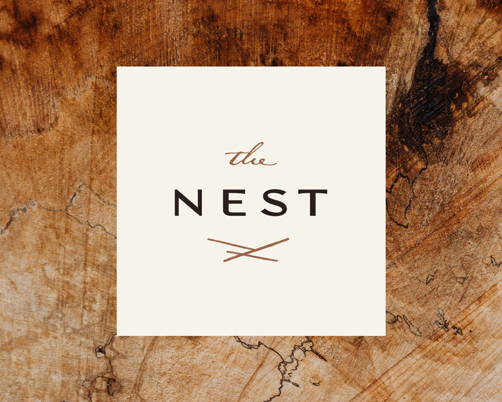 Square cream-colored logo with the words "the NEST" in simple fonts, with two stylized brown crossed lines below, set against a textured wooden background.