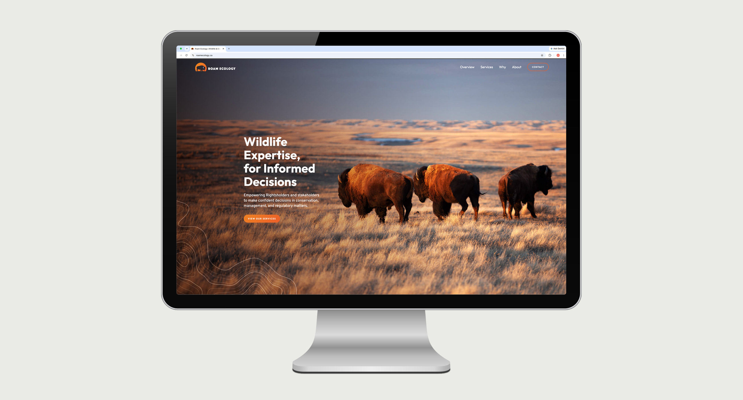 Roam Ecology website shown on an imac screen.