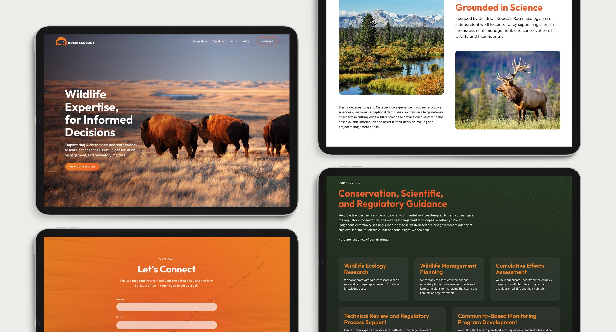 Roam Ecology website screenshots shown mocked up on an ipad screen.