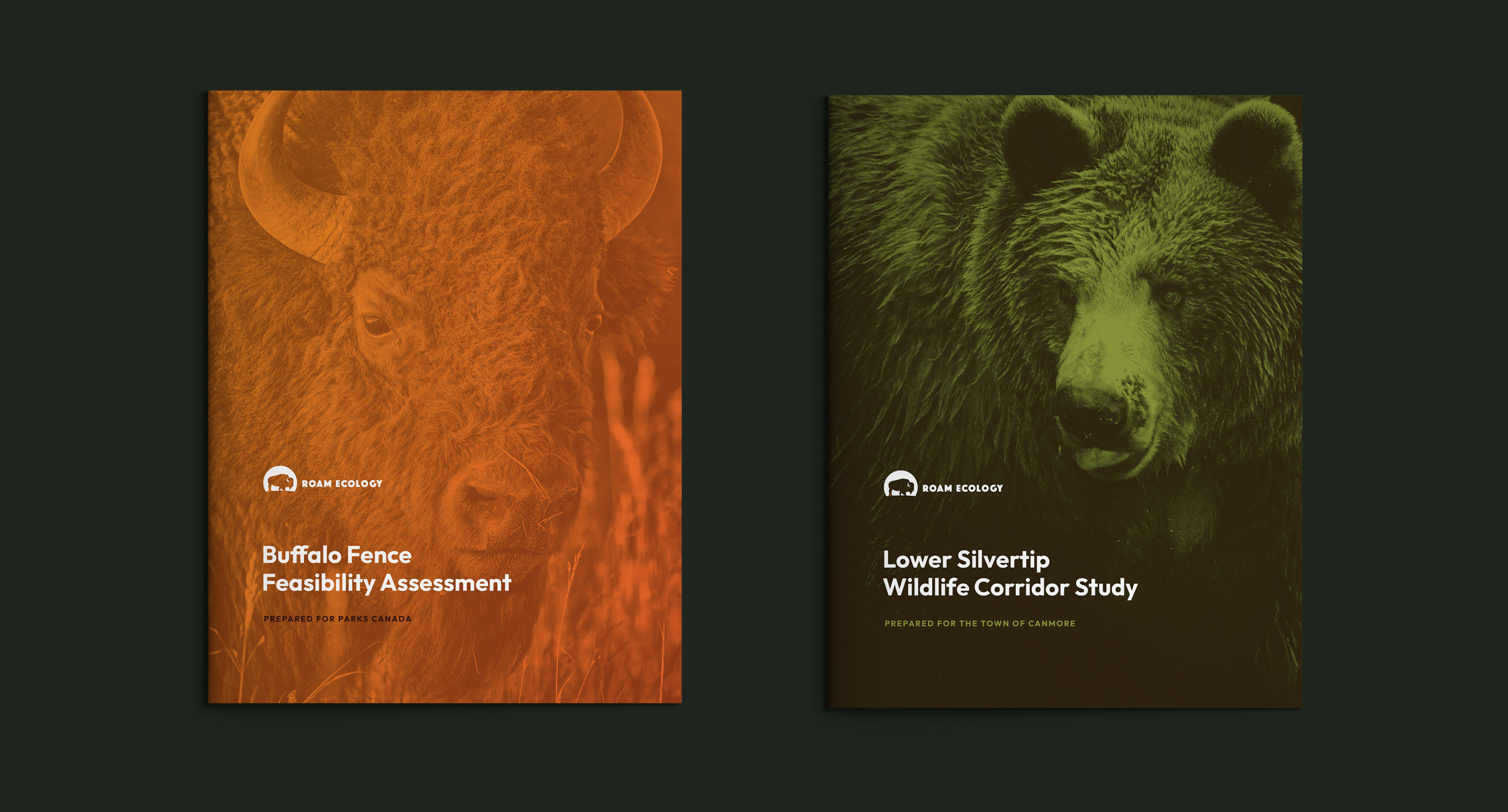 Sample report cover designs on a dark green background.
