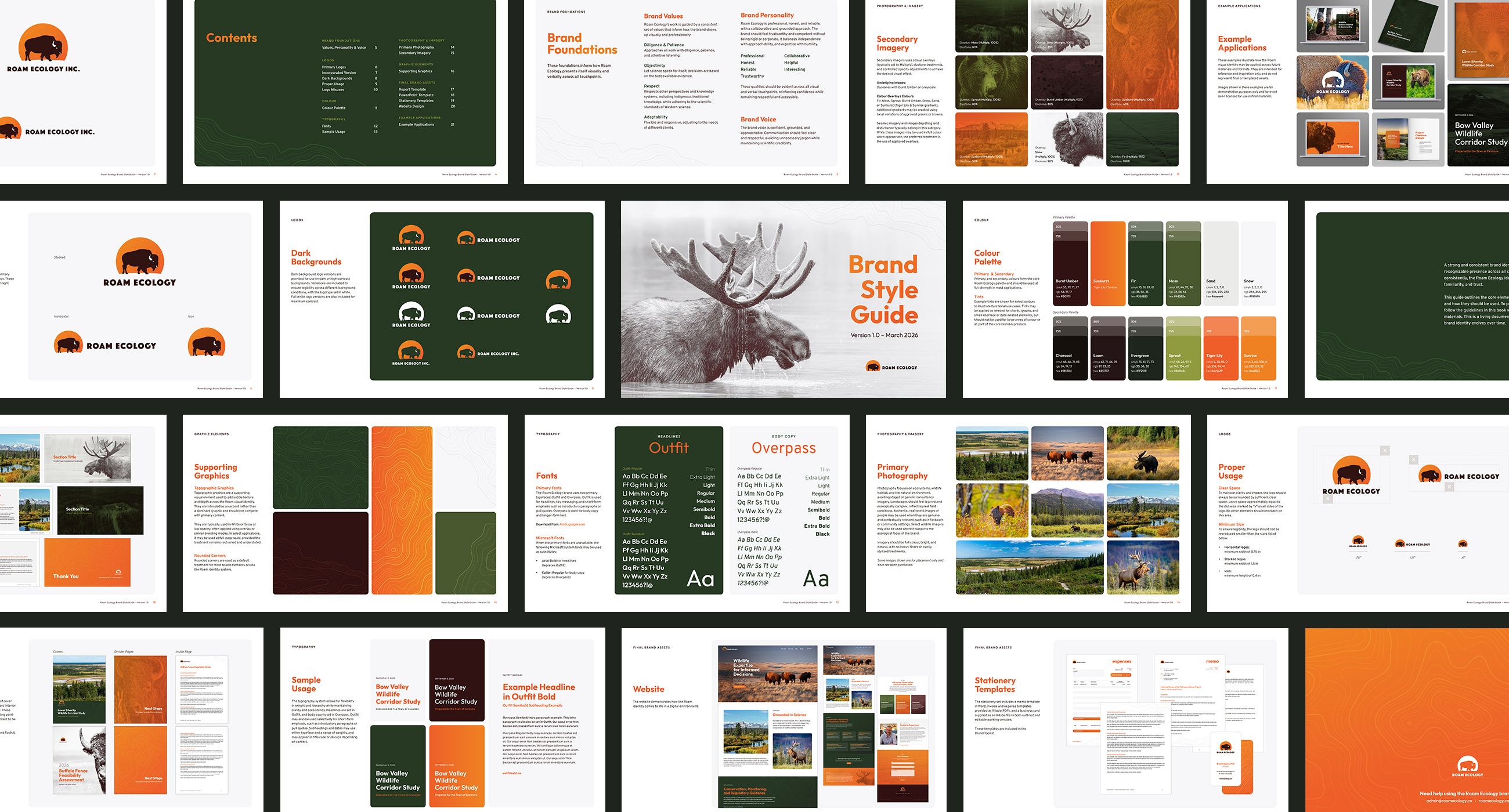 Layout showing multiple pages from the Roam Ecology brand style guide.