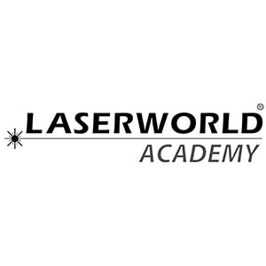Logo des Laserworld Academy mit stilisiertem Laserstrahl links neben dem Schriftzug.