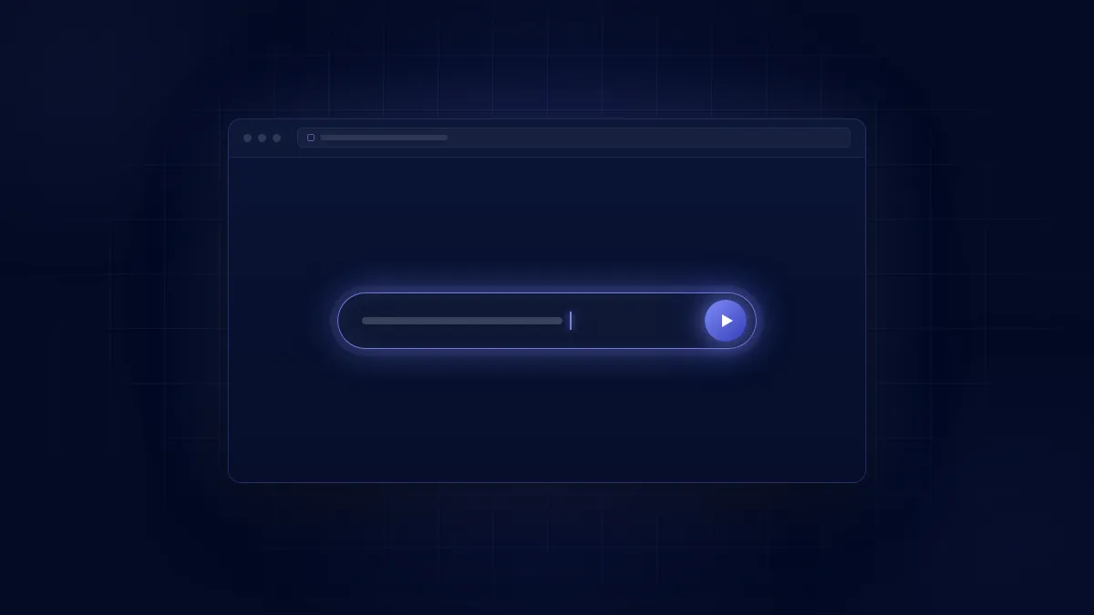 Dark-themed browser window with a glowing search bar and a play button icon inside it.