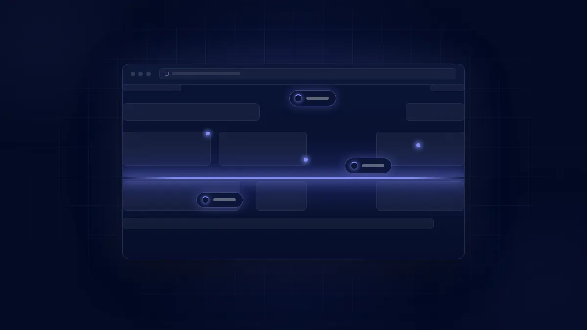 Dark-themed stylized browser window with glowing horizontal scanning line and UI elements.