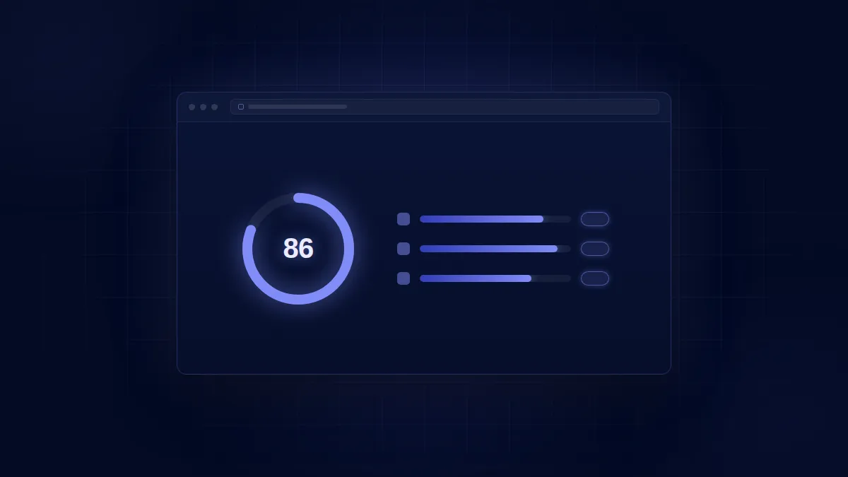 Website audit dashboard showing score 86 and three horizontal progress bars with varying completion.