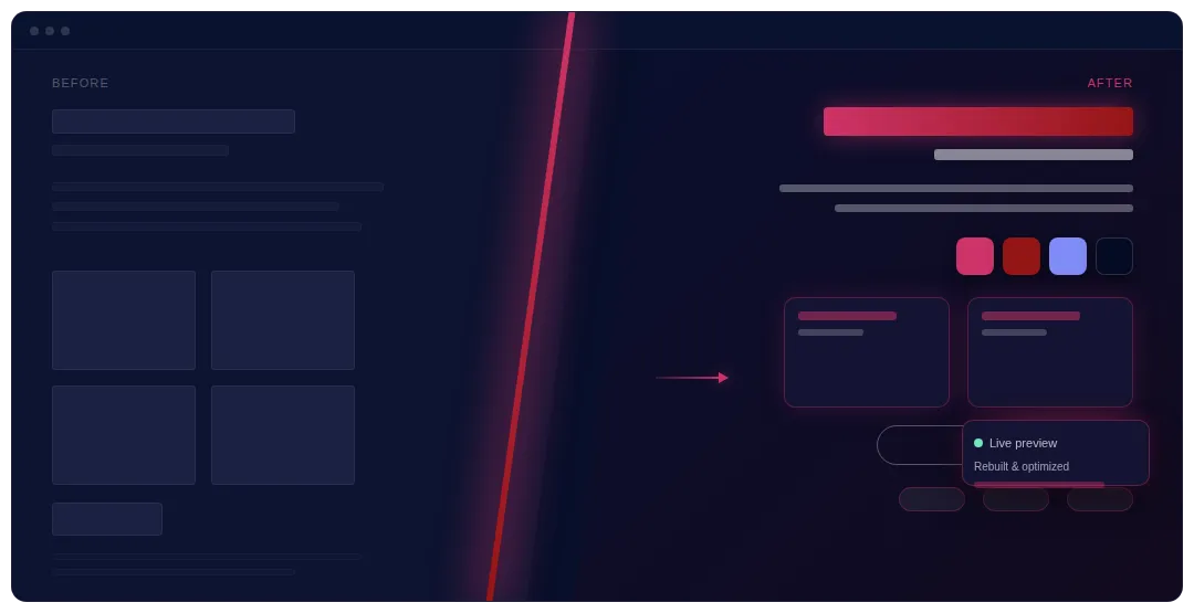 Split screen showing website UI before and after redesign with brighter colors, live preview, and optimized layout.