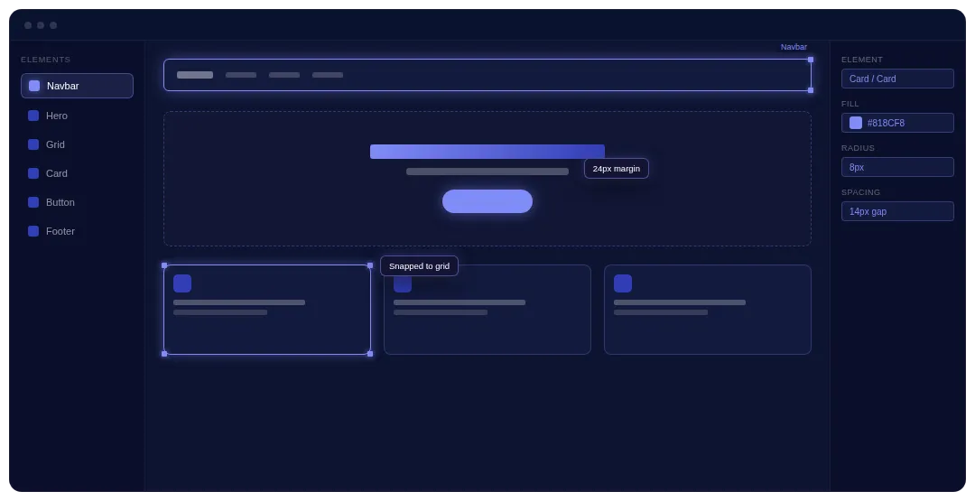 User interface for a design tool showing elements panel, grid layout cards, and style properties in dark mode.