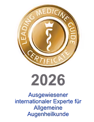 Goldenes Siegel "Leading Medicine Guide Certificate" 2026, ausgewiesener Experte für Allgemeine Augenheilkunde.