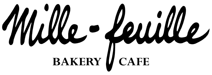 Mille-feuille Bakery Cafe logo with cursive and capital letters on a white background.