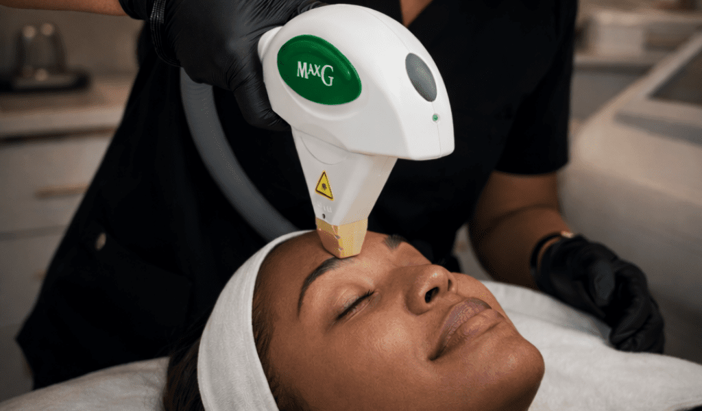 Une esthéticienne effectue un traitement au laser sur le front d'une patiente allongée les yeux fermés.
