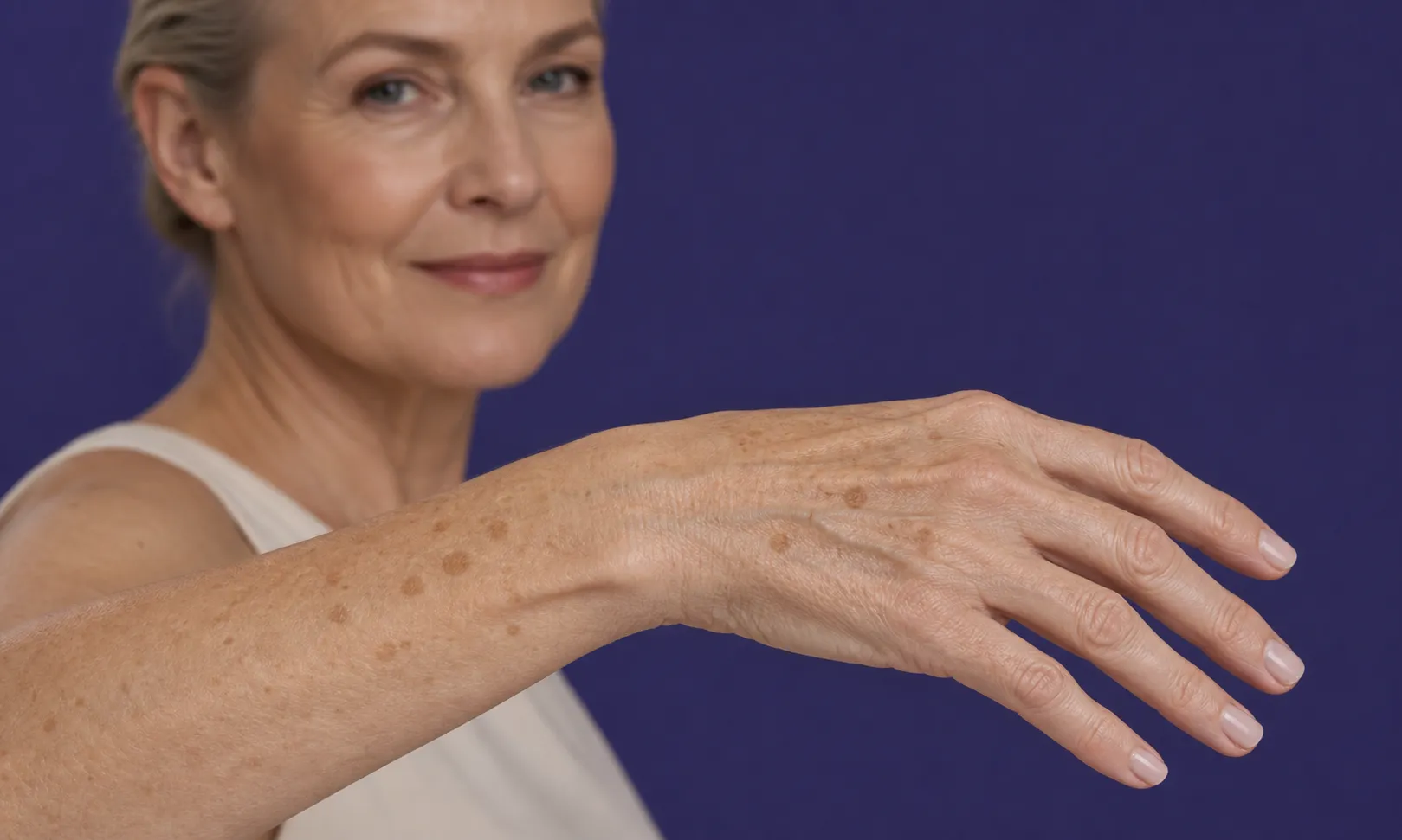 Femme montrant son bras avec des taches brunes liées au vieillissement de la peau.