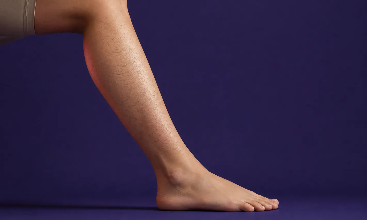 Jambe nue et pied gauche posés sur un fond violet foncé.