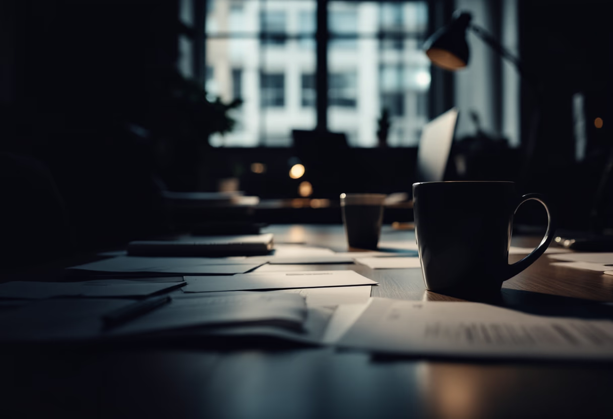 Coffee and papers on an office table with a city skyline in the background
