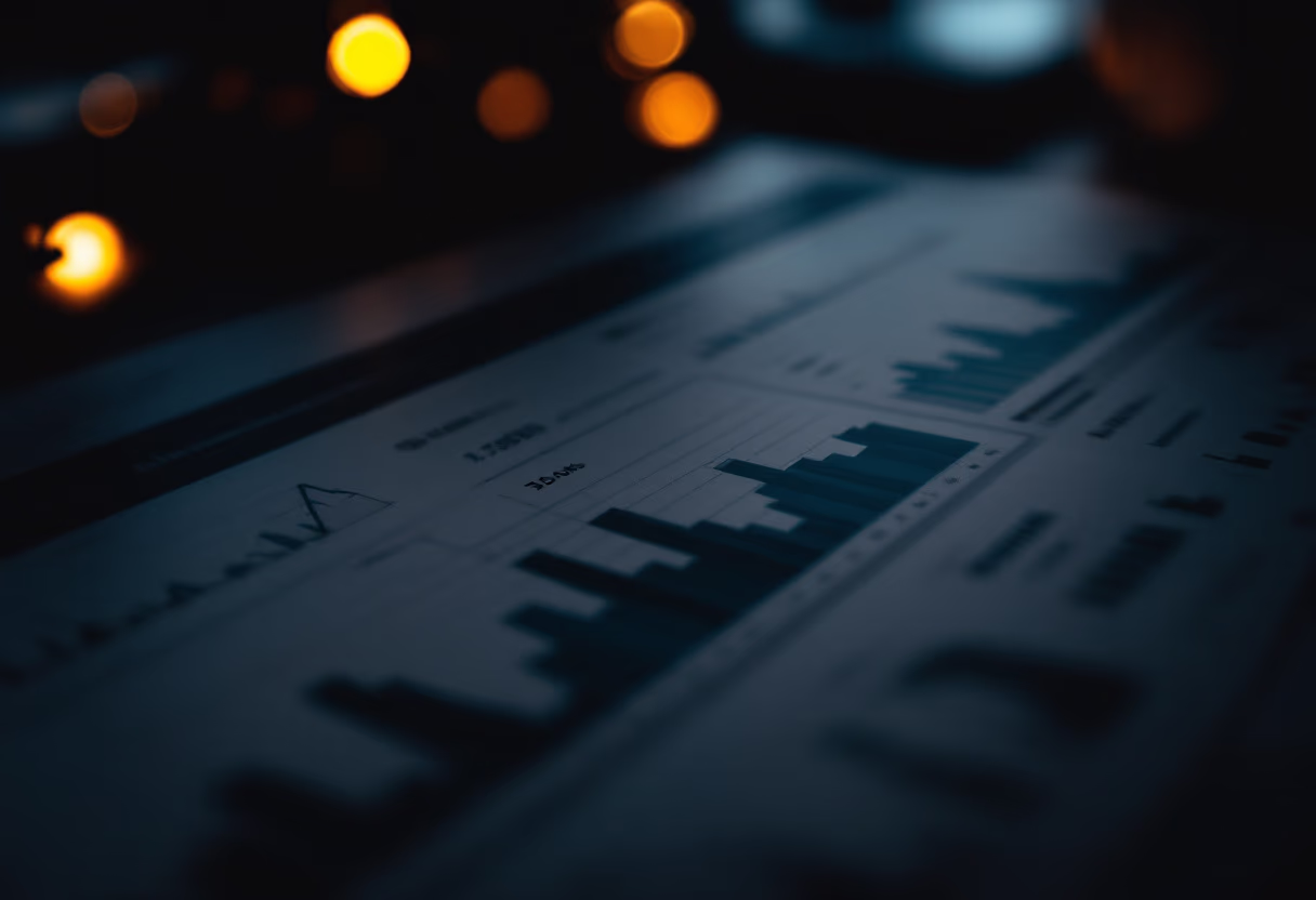 Printed report chart with city lights blurred in the background